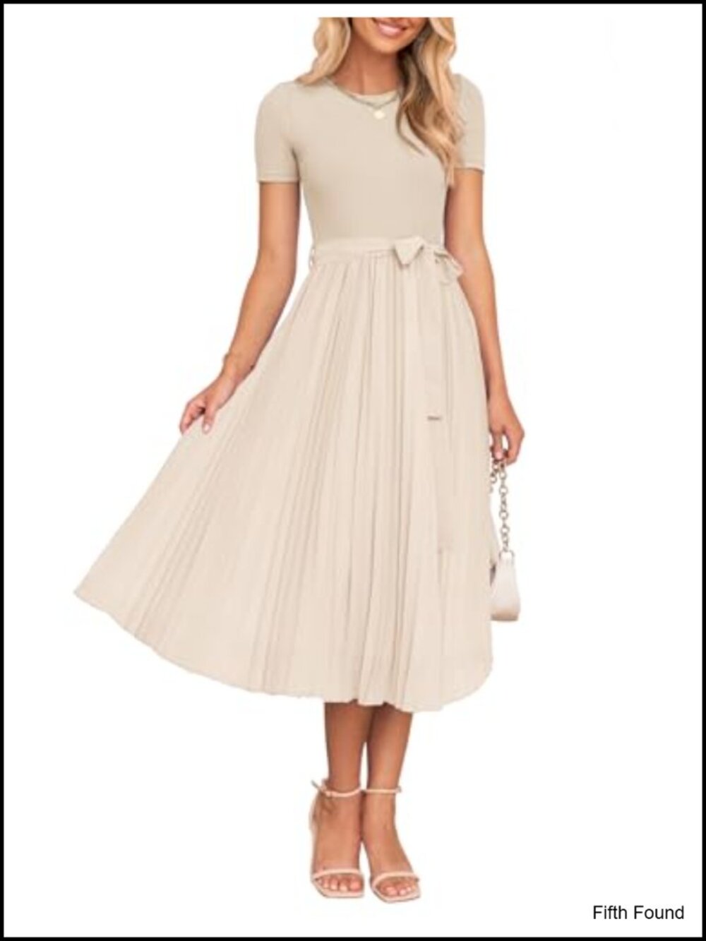 Rib Knit Short Sleeve Midi Dress with Detachable Belt and Pleated Chiffon Hem